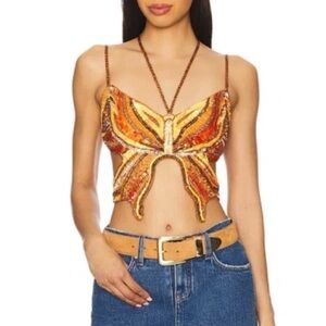 h:ours Orange Sequin Butterfly Crop Top